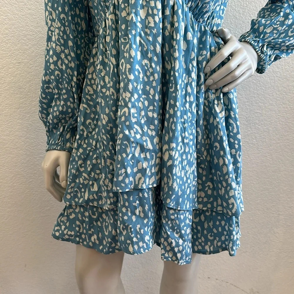 NWOT ZARA Animal Print Long Sleeve Mini Dress Blue White Sz M - Picture 8 of 9